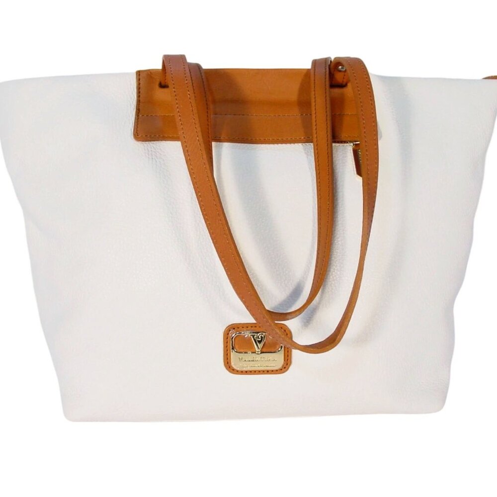 VALENTINA Italian Leather Tote Bag Classic White and Tan Beach Resort - ITALY